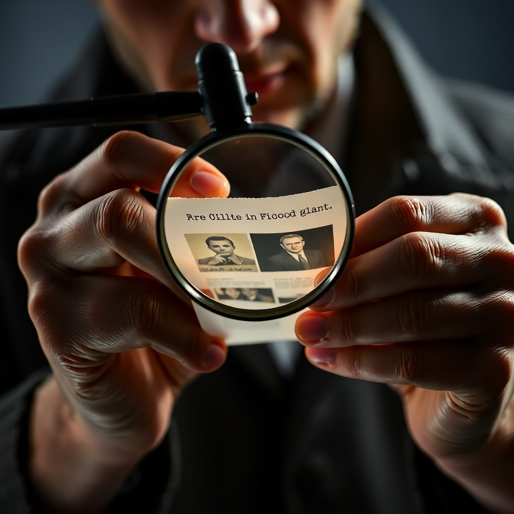 A close-up, photorealistic image of a detective's hands carefully examining a piece of evidence, such as a photograph or document, under a magnifying glass. The lighting is focused and intense, highlighting the textures and details. The background is blurred to keep the focus on the hands and the evidence. The overall tone is serious and professional, emphasizing the meticulous nature of investigative work.