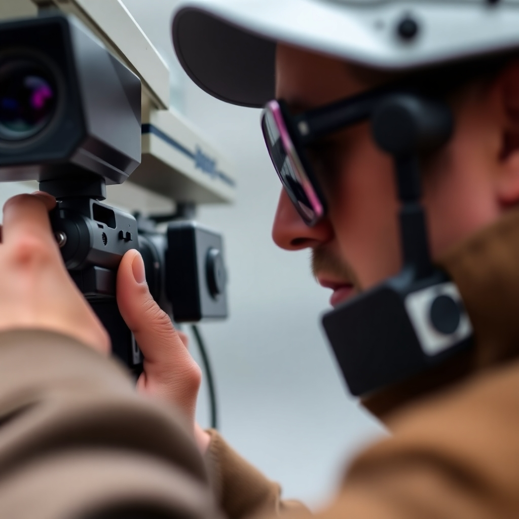 A close-up shot of sophisticated surveillance equipment being used in a discreet manner. The equipment could include a high-powered camera, a listening device, or a GPS tracker. The image should highlight the technological aspects of modern private investigation.