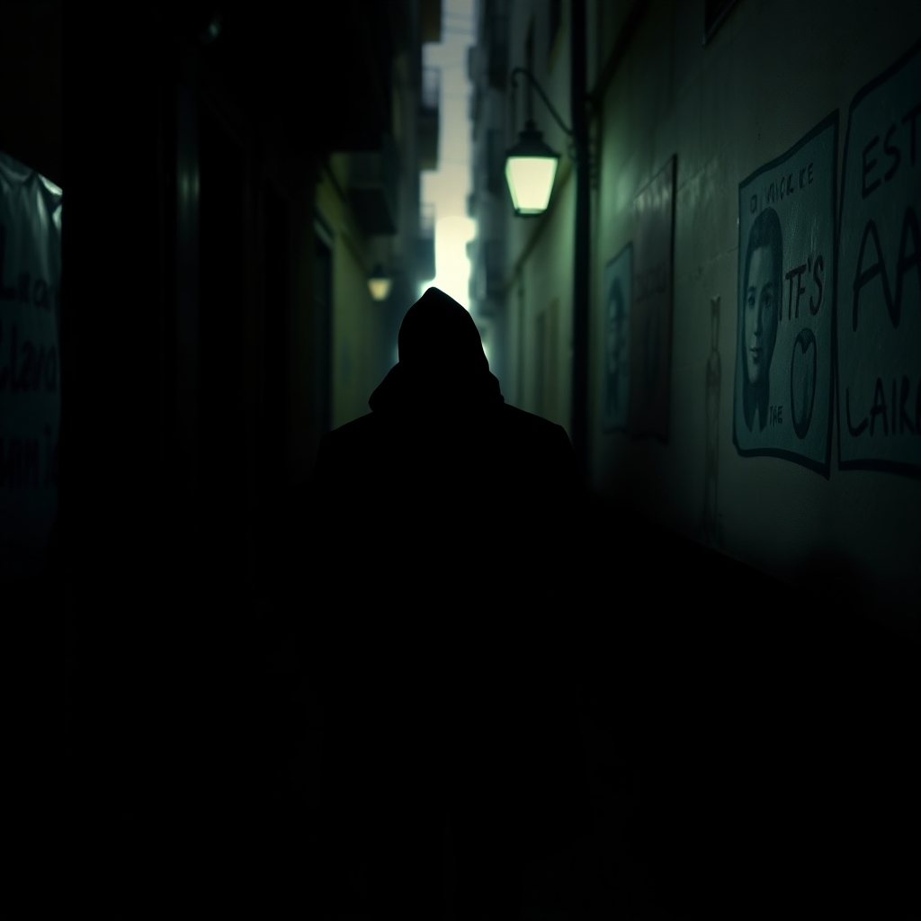 A photorealistic image emphasizing secrecy and discretion. The scene shows a silhouetted figure walking down a dimly lit alleyway in Barcelona, with the focus on the shadows and the sense of anonymity. The color palette is dark and muted, reinforcing the theme of confidentiality.