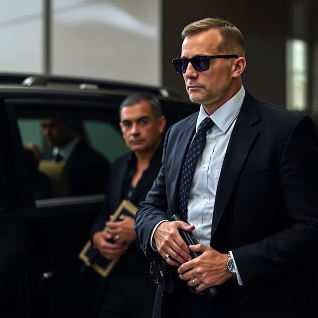 A photorealistic image of a security professional discreetly guarding a VIP or a valuable asset. The security professional should be well-dressed and alert, blending seamlessly into the environment. The image should convey a sense of safety and security.