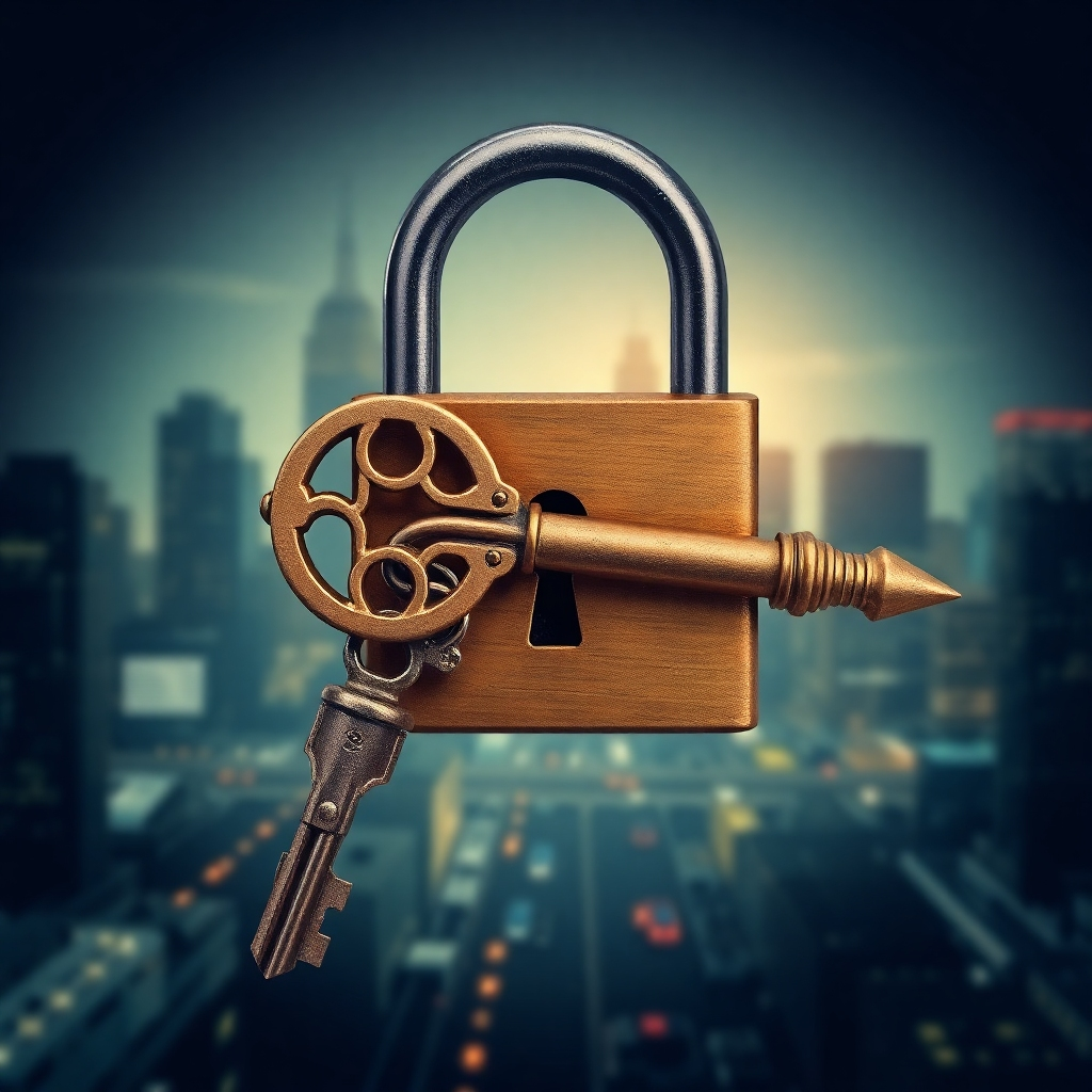 A stylized image representing the successful culmination of an investigation. Depict a key unlocking a padlock against a backdrop of city lights. The key should be intricately designed and the padlock should have a subtle, vintage feel. The overall composition should convey a sense of resolution and accomplishment.