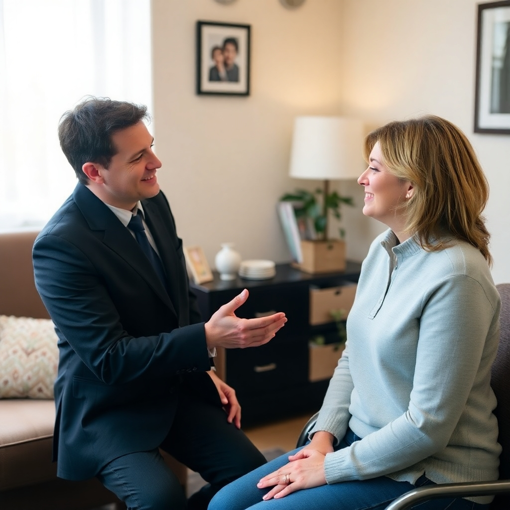 A warm and inviting image of a detective providing reassurance and support to a client. The setting is a comfortable office, and the body language should convey empathy and understanding.