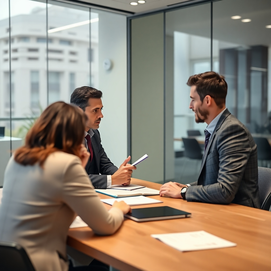 Create a photorealistic image of a detective sitting at a desk, engaged in a confidential meeting with a client. The setting is a modern, well-lit office in Barcelona. The detective is actively listening and taking notes, fostering an atmosphere of trust and understanding. The composition should capture the collaborative nature of the client-detective relationship.