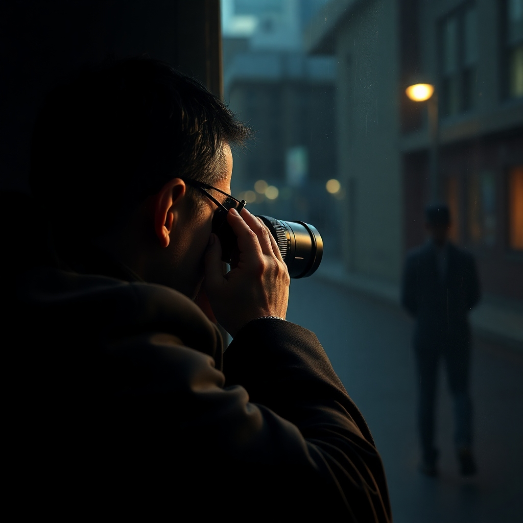 Create a photorealistic image depicting a discreet surveillance operation. A private investigator is observing a subject from a hidden location, perhaps using a camera or binoculars. The scene should convey a sense of secrecy and vigilance.